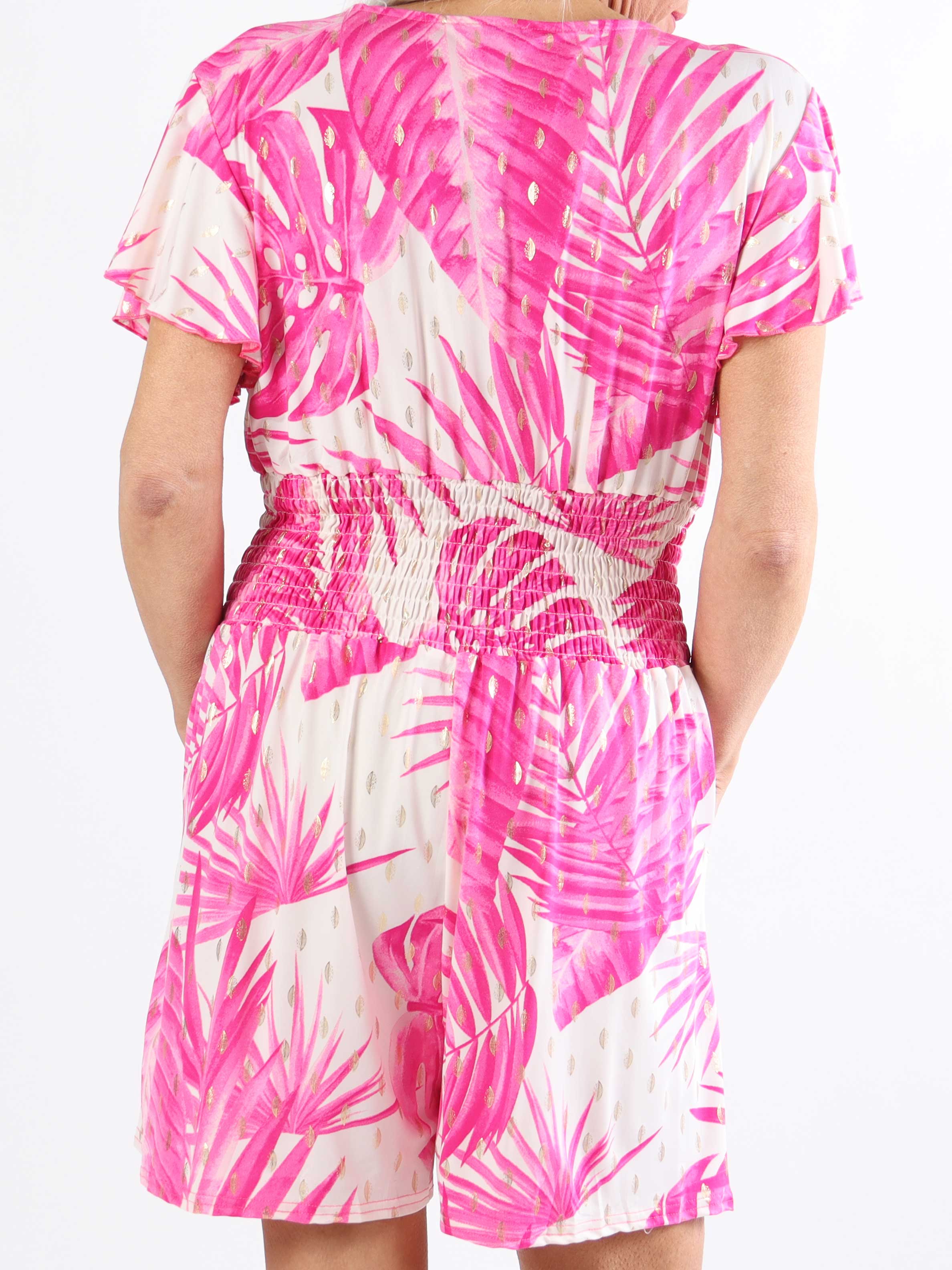 Pams Leaf Playsuit - Elastisk plus size buksedragt med bladmønster